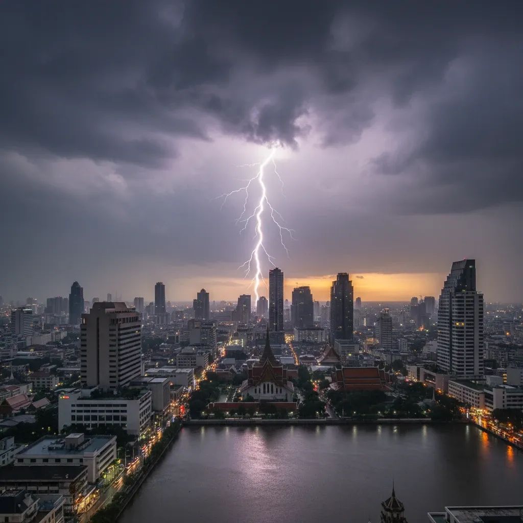 Bangkok cityscape during severe thunderstorm with heavy rain and dark clouds over urban skyline