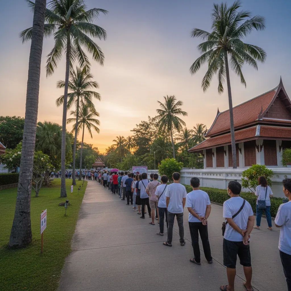 Voters lining up before dawn outside a Phuket polling station