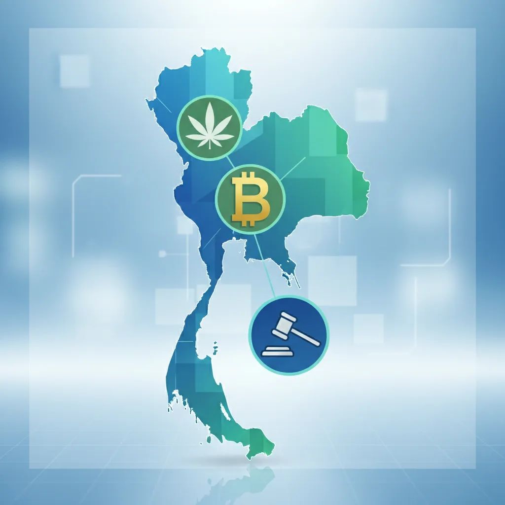 Map of Thailand with icons representing taxes, cannabis policy, and legal reforms