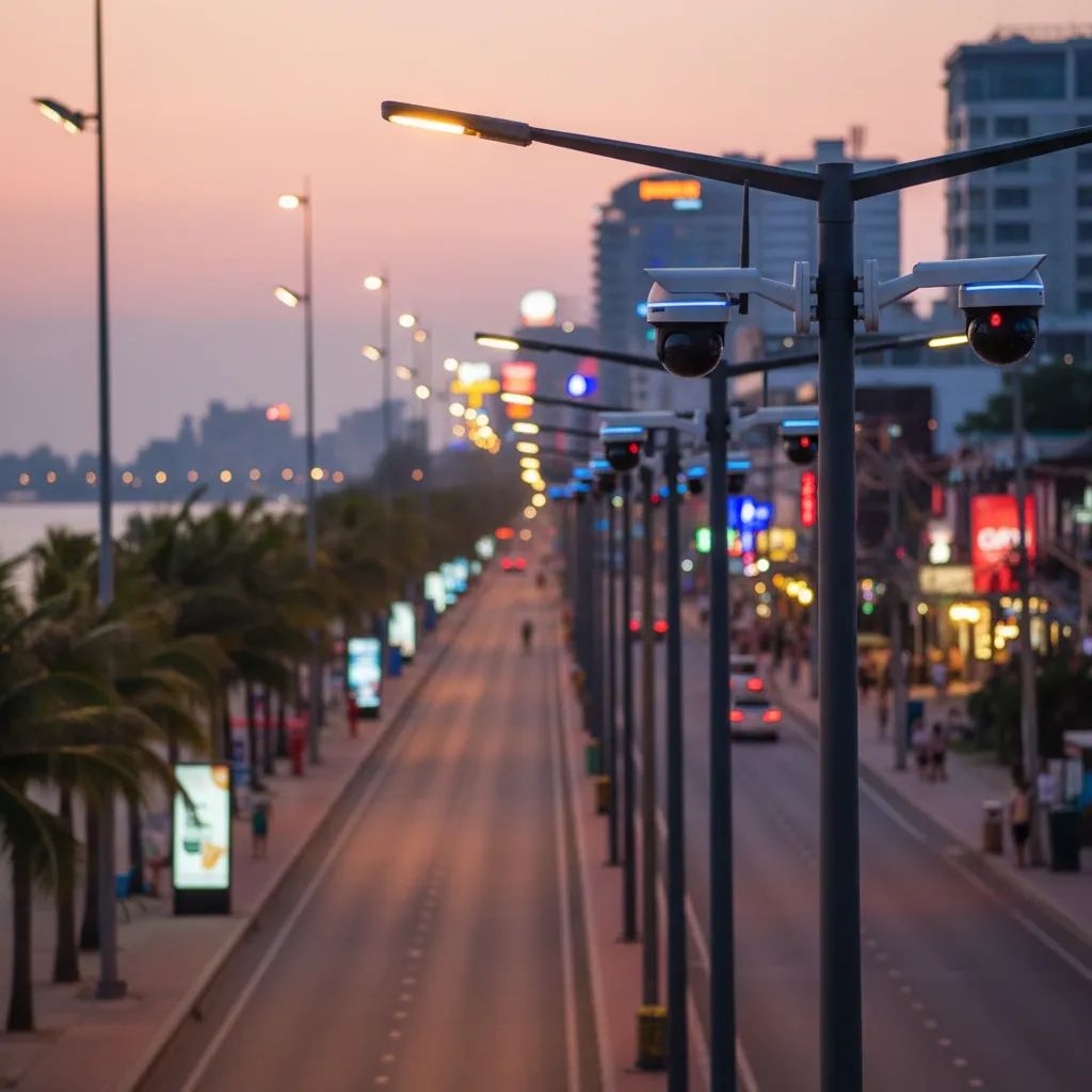 AI surveillance cameras mounted on street lights overlooking Patong beachside road at dusk