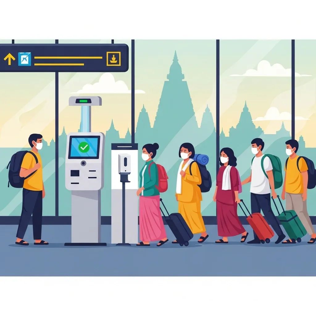 Masked Thai pilgrims with luggage at airport terminal, thermal scanner and Bodh Gaya temple silhouette