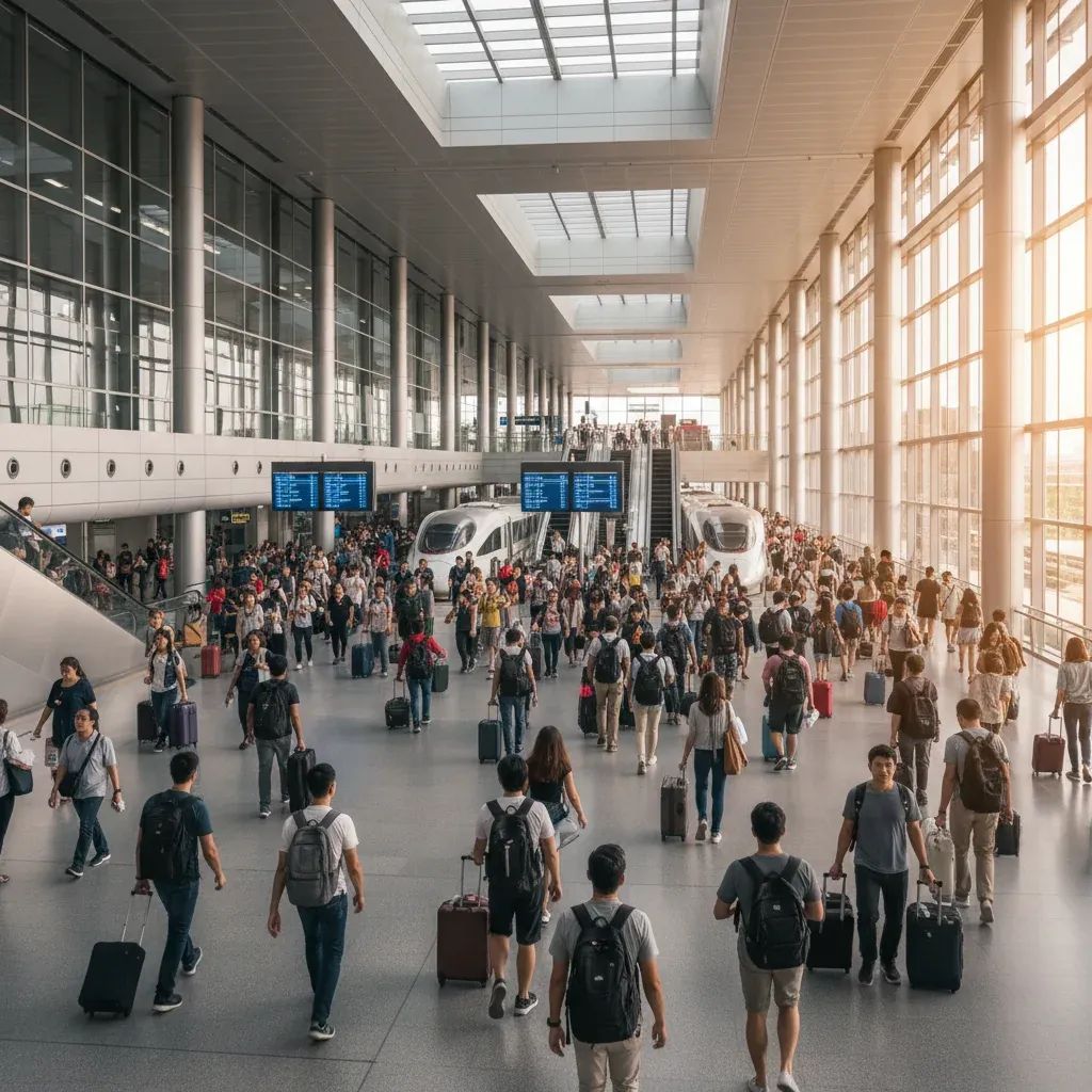 Crowded Bangkok transport hub with passengers during Songkran peak travel season