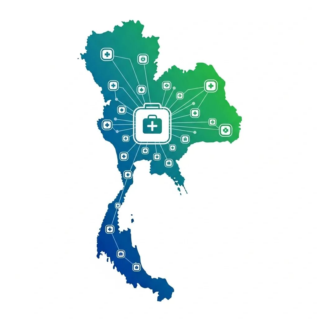 Map of Thailand with hospitals connected by network lines representing unified health system reform