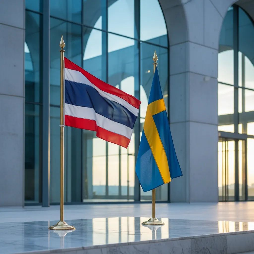 Thai and Swedish flags displayed in formal diplomatic setting representing bilateral partnership