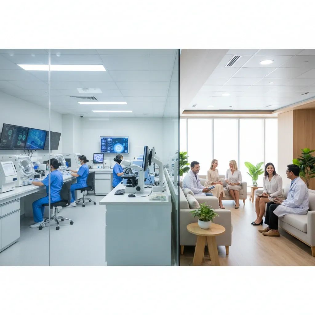 Modern fertility clinic in Bangkok with medical equipment and international patients consulting with staff