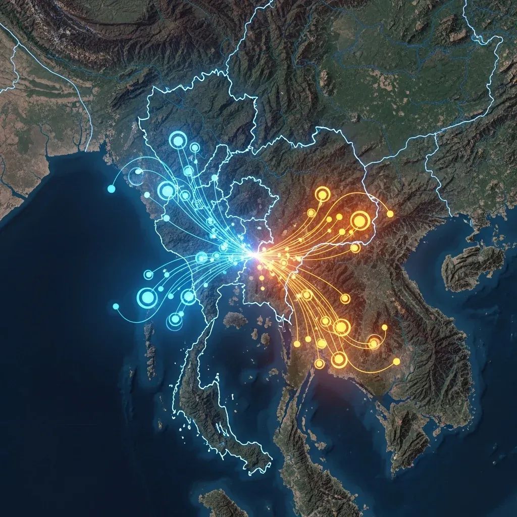 Stylized infographic of the Thailand-Cambodia border with digital data overlays