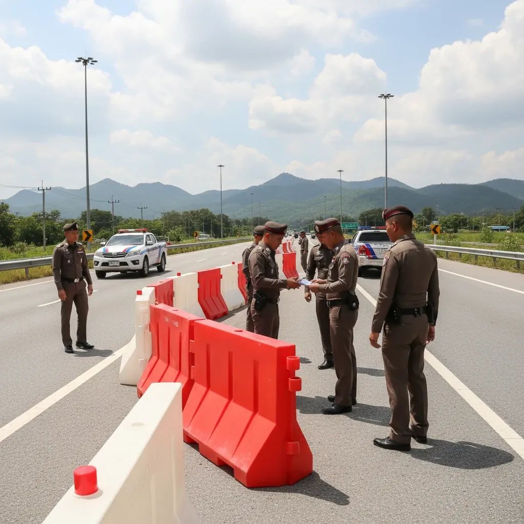 Thai police checkpoint on central Thailand highway with officers on duty