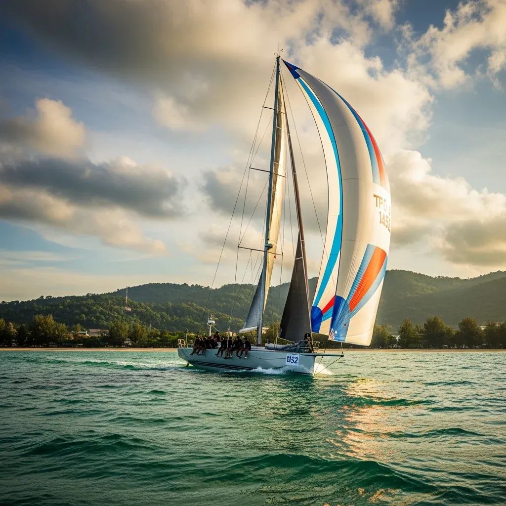 TP52 racing yacht off Kata Beach in Phuket with billowed spinnaker and crew in the distance