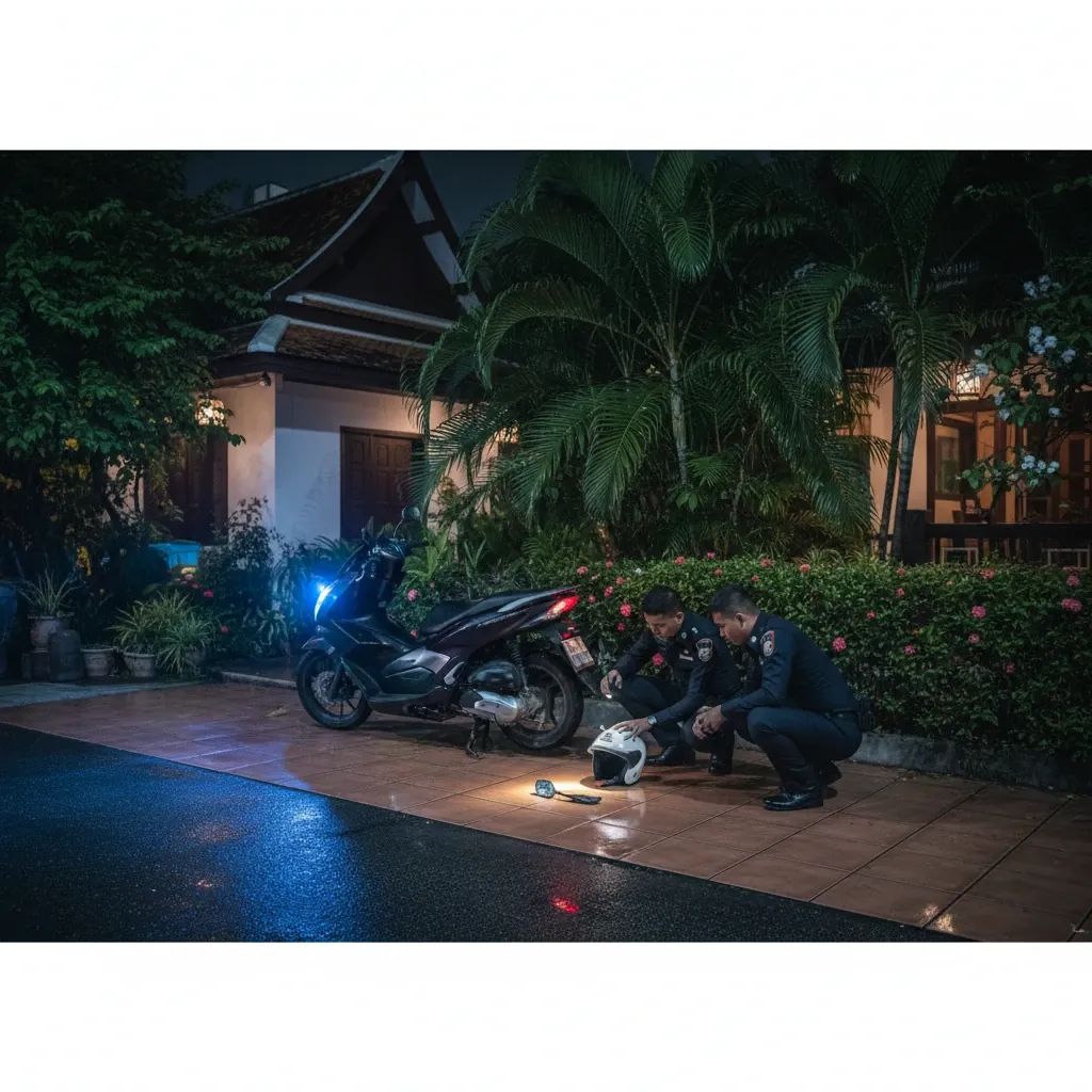 Thai police officers investigate outside a Phuket homestay at night with a motorbike and flashing police lights