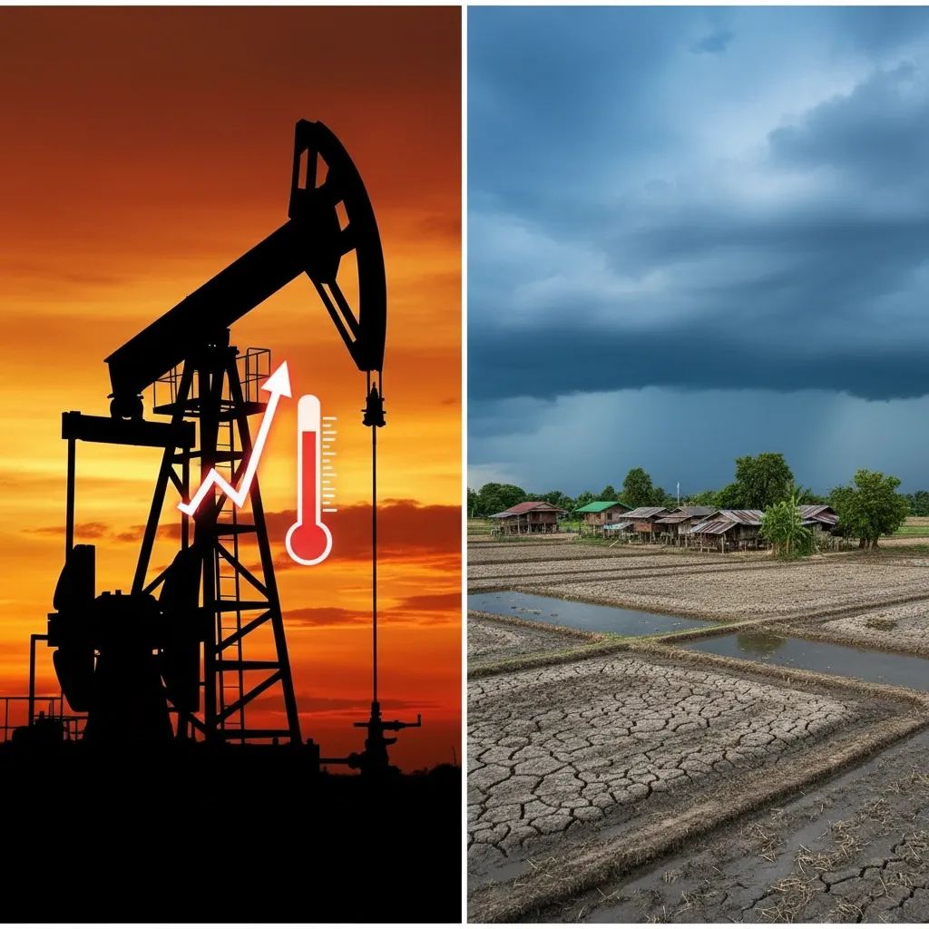 Split image showing oil drilling against sunset and dry Thai countryside with incoming storm, representing energy crisis and climate threat