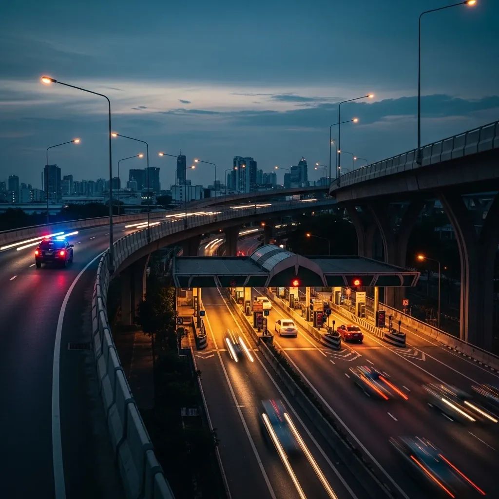 Bangkok elevated expressway toll plaza with police patrol car and traffic at dusk
