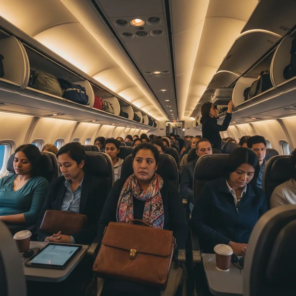 Passengers seated in airplane cabin with carry-on bags during domestic flight
