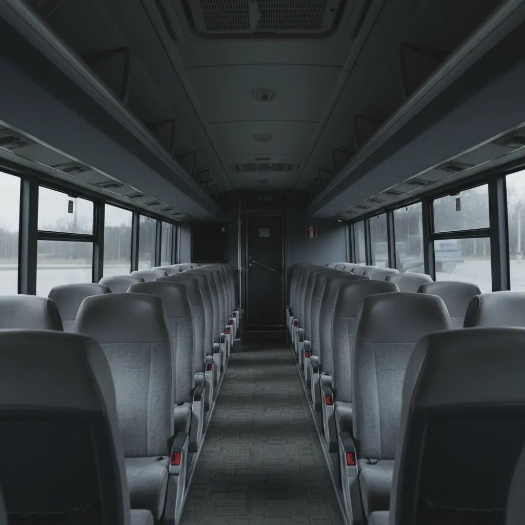 Interior of intercity bus with corridor and seating, representing public transport safety concerns