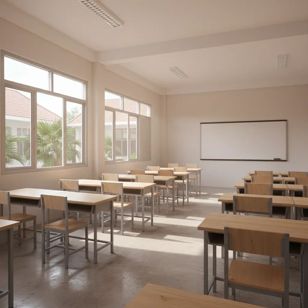 Empty classroom desks in a Thai school building symbolizing education enrollment crisis