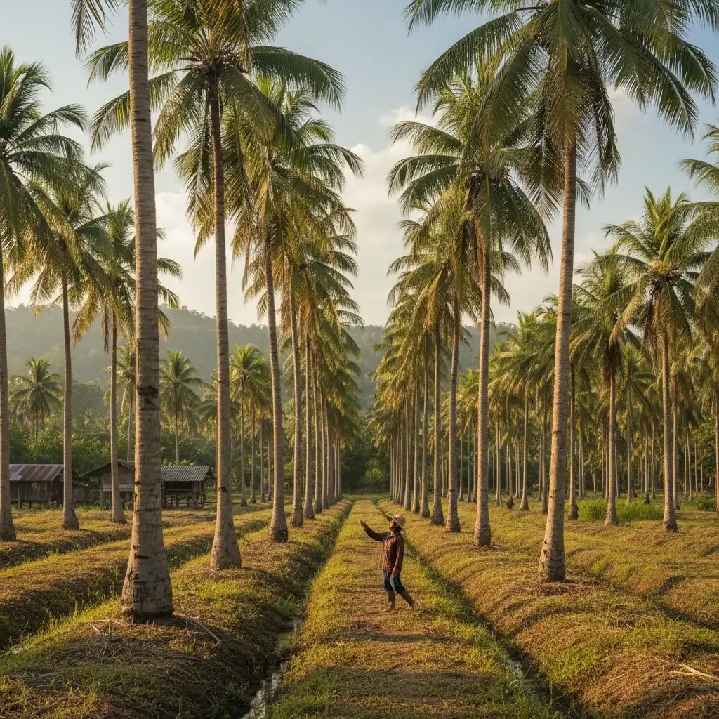 Thai farmer examining coconut palms in Ratchaburi plantation during harvest season