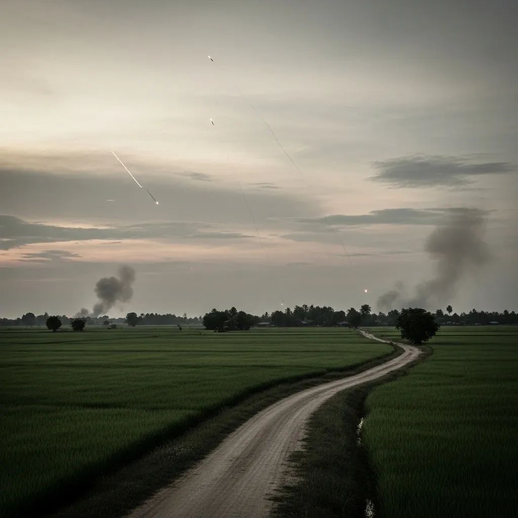 Rice fields near Sa Kaeo border with distant smoke plumes from rocket fire at dusk