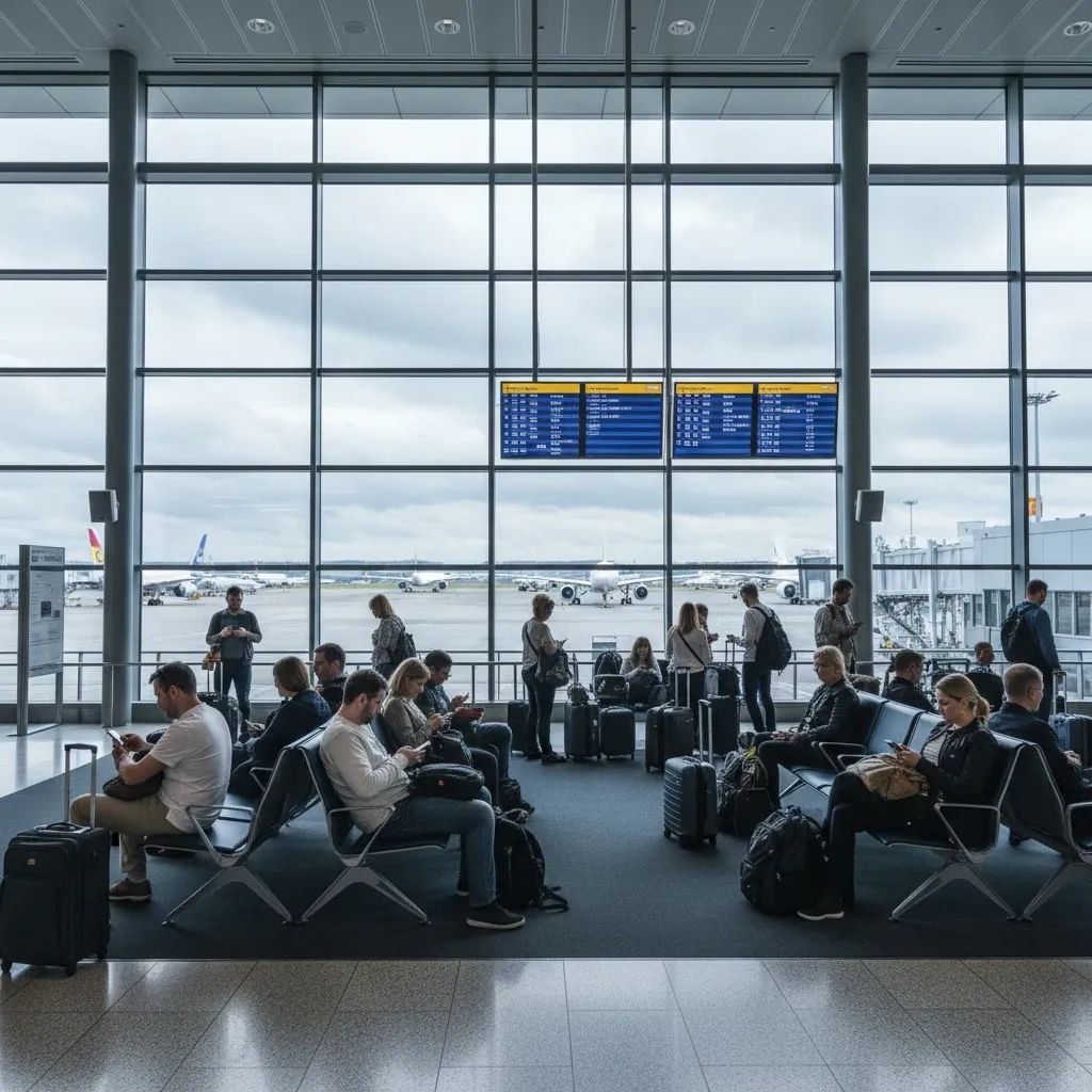 Airport terminal showing passengers and grounded aircraft during flight disruption crisis