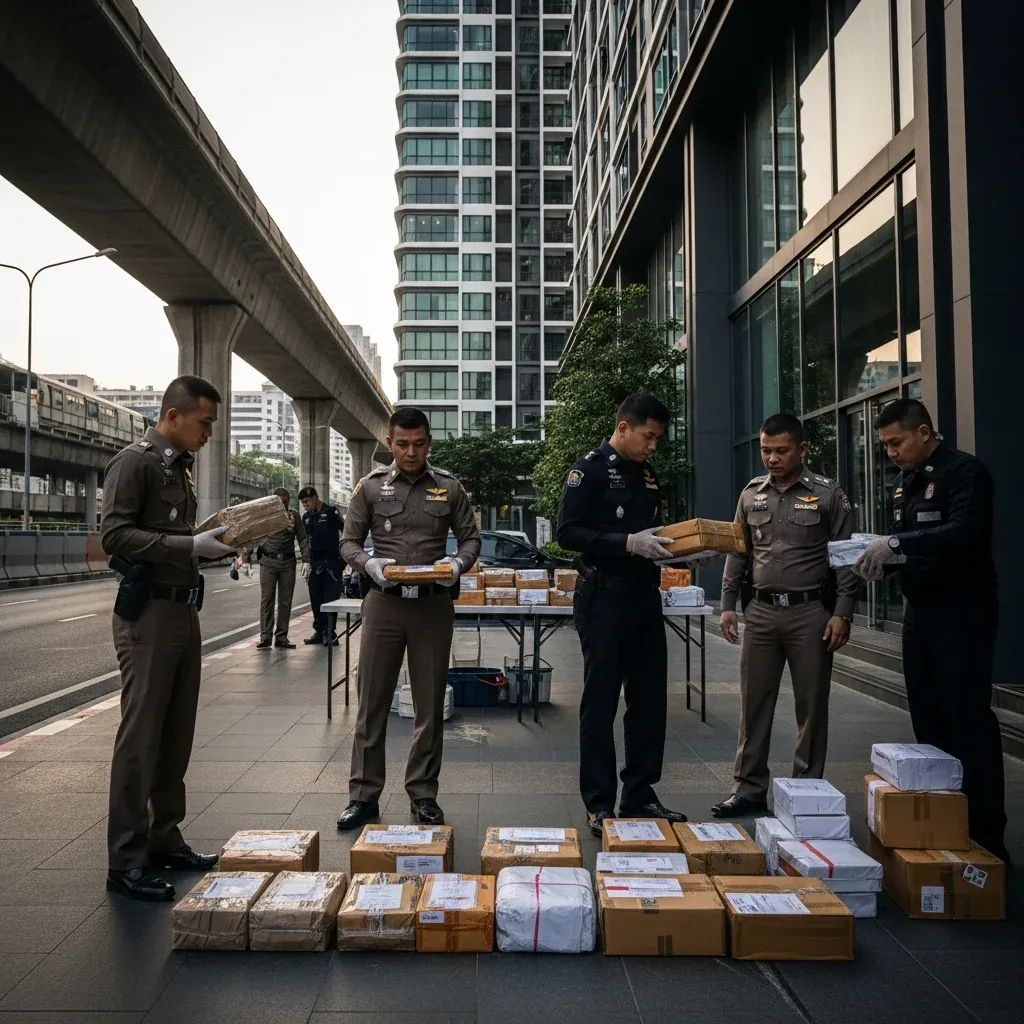 Plainclothes Thai police inspecting sealed courier packages outside a Bangkok condo building