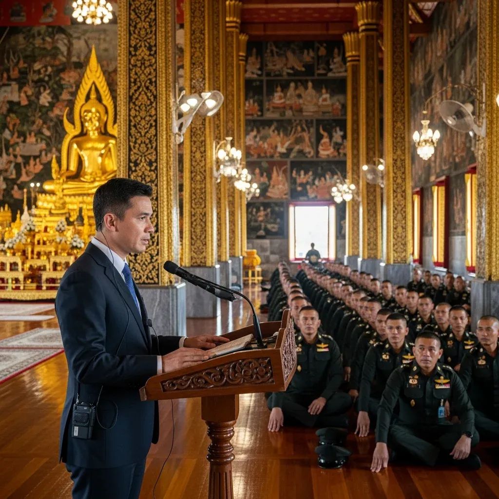 Speaker at podium apologizing to seated Thai soldiers inside Wat Thai Los Angeles temple