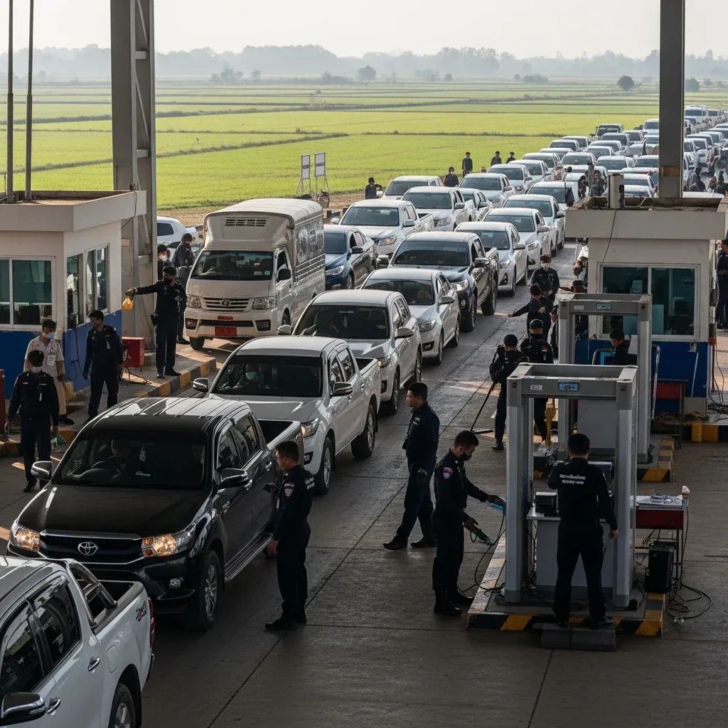 Vehicles queued at a rural Thailand-Cambodia border checkpoint under customs inspection