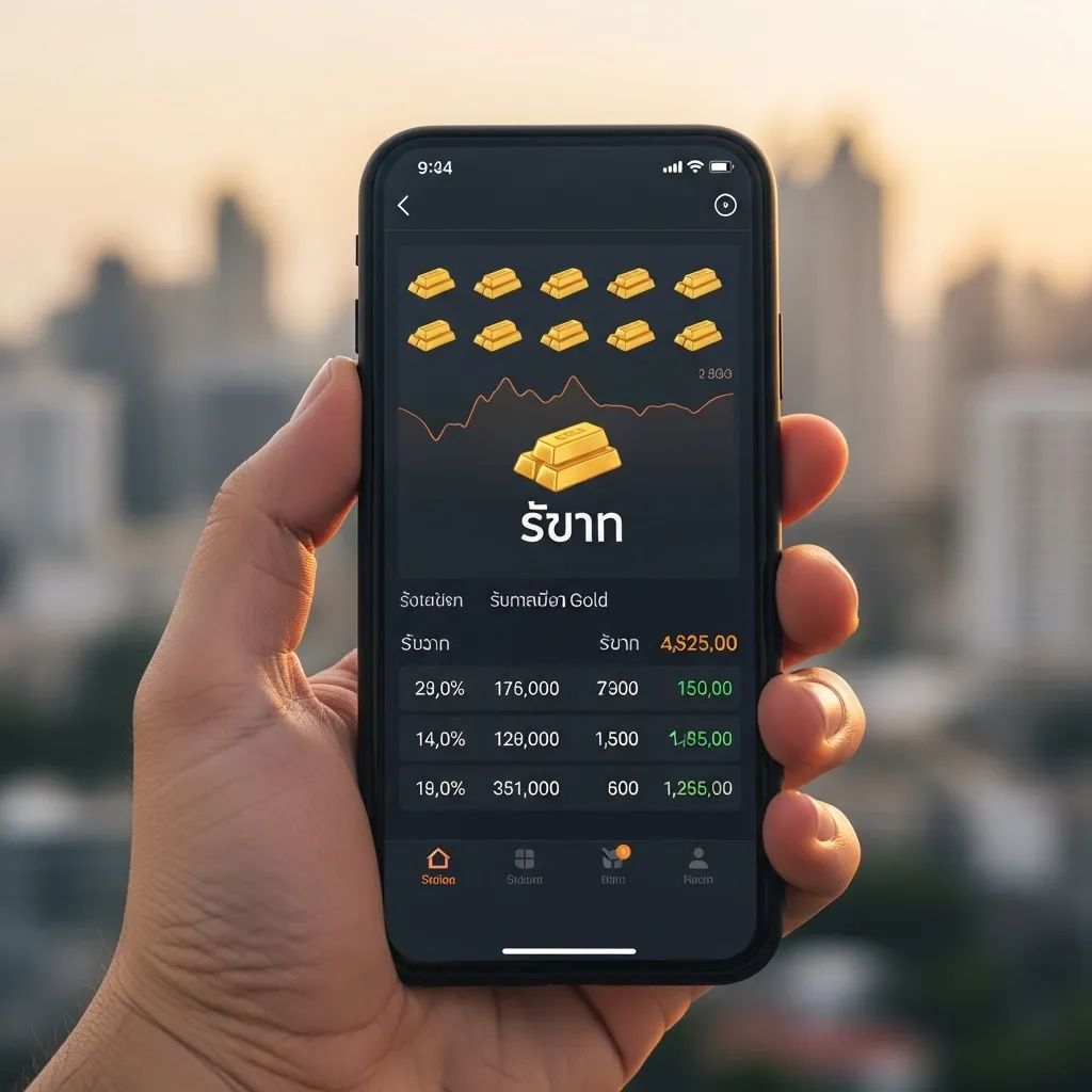 Smartphone showing digital gold trading app with blurred Bangkok skyline in background