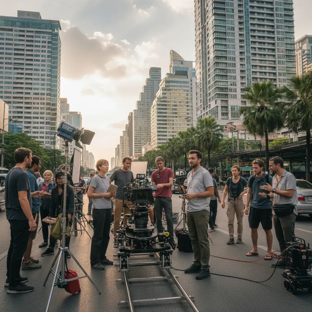 International film production crew working on location in Bangkok with professional camera equipment and Thai cityscape backdrop