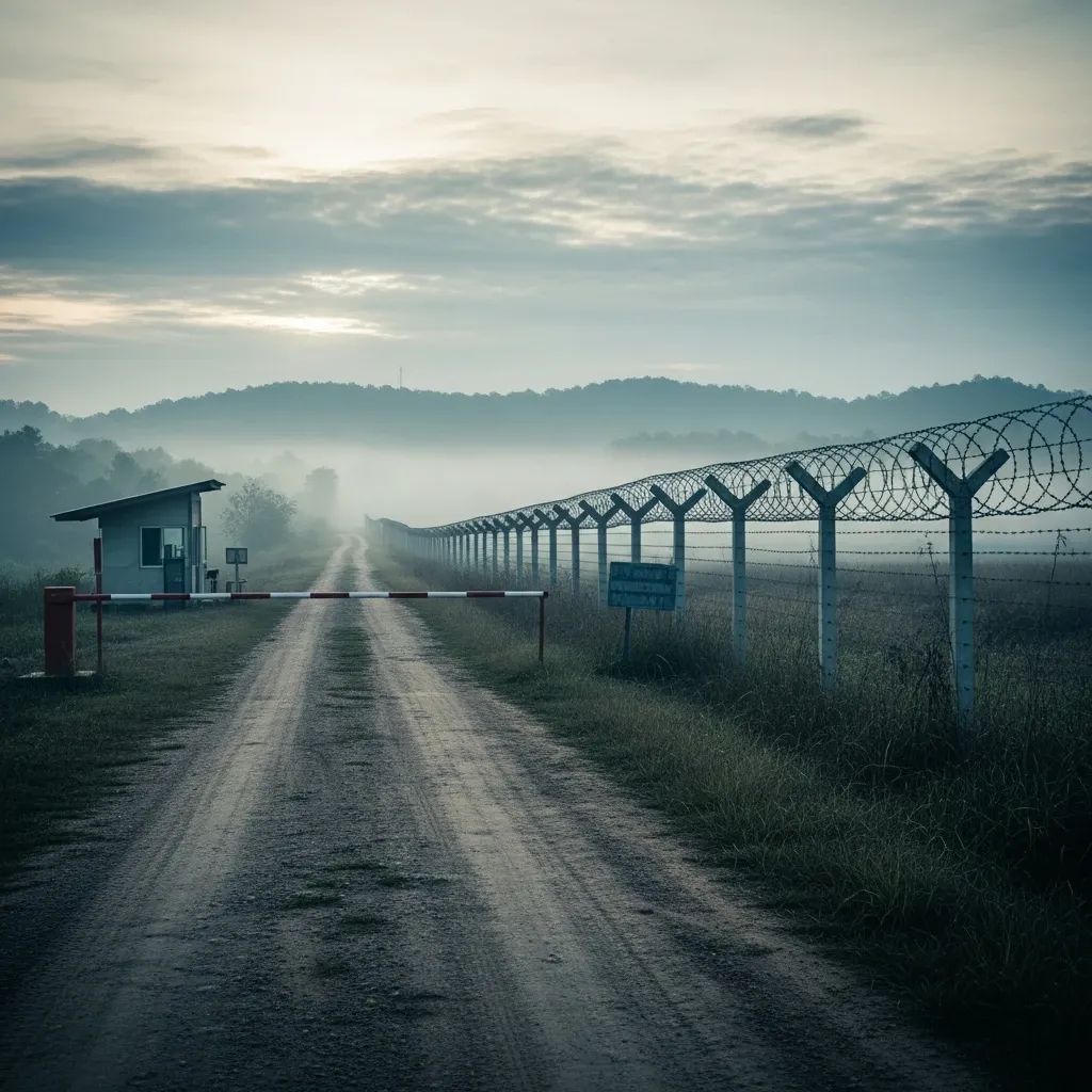 Barbed-wire fence and guard post at a rural border checkpoint in Eastern Thailand