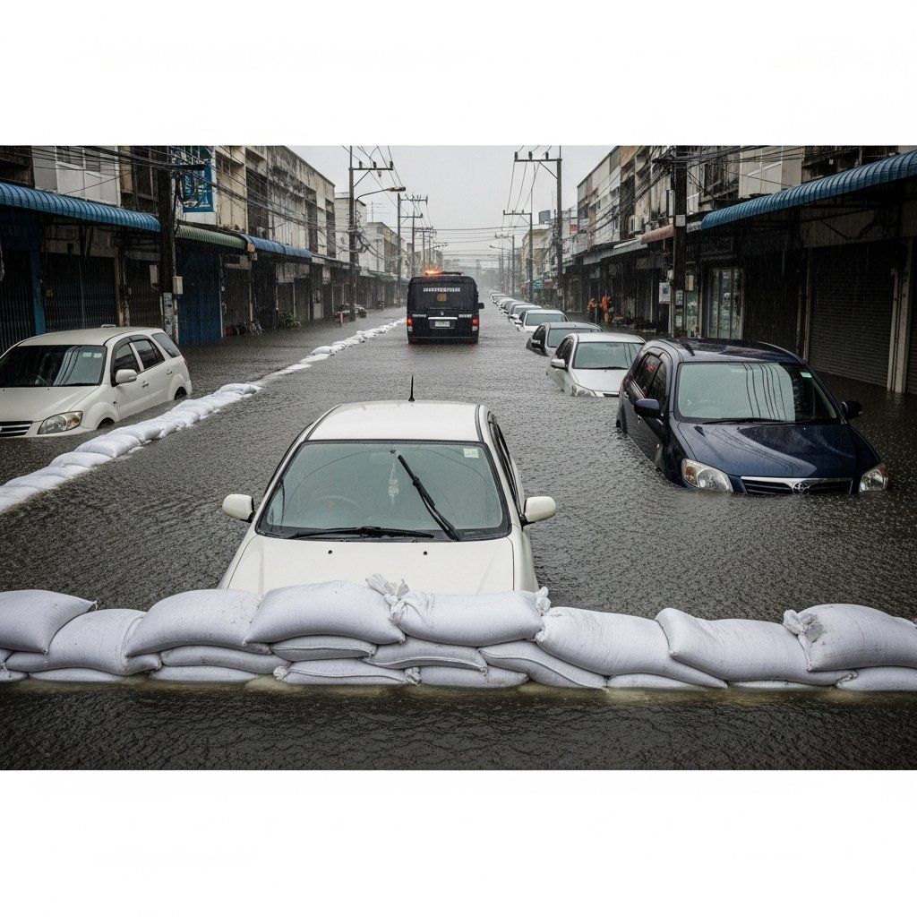 Flooded Hat Yai street with sandbags and government convoy under monsoon rains