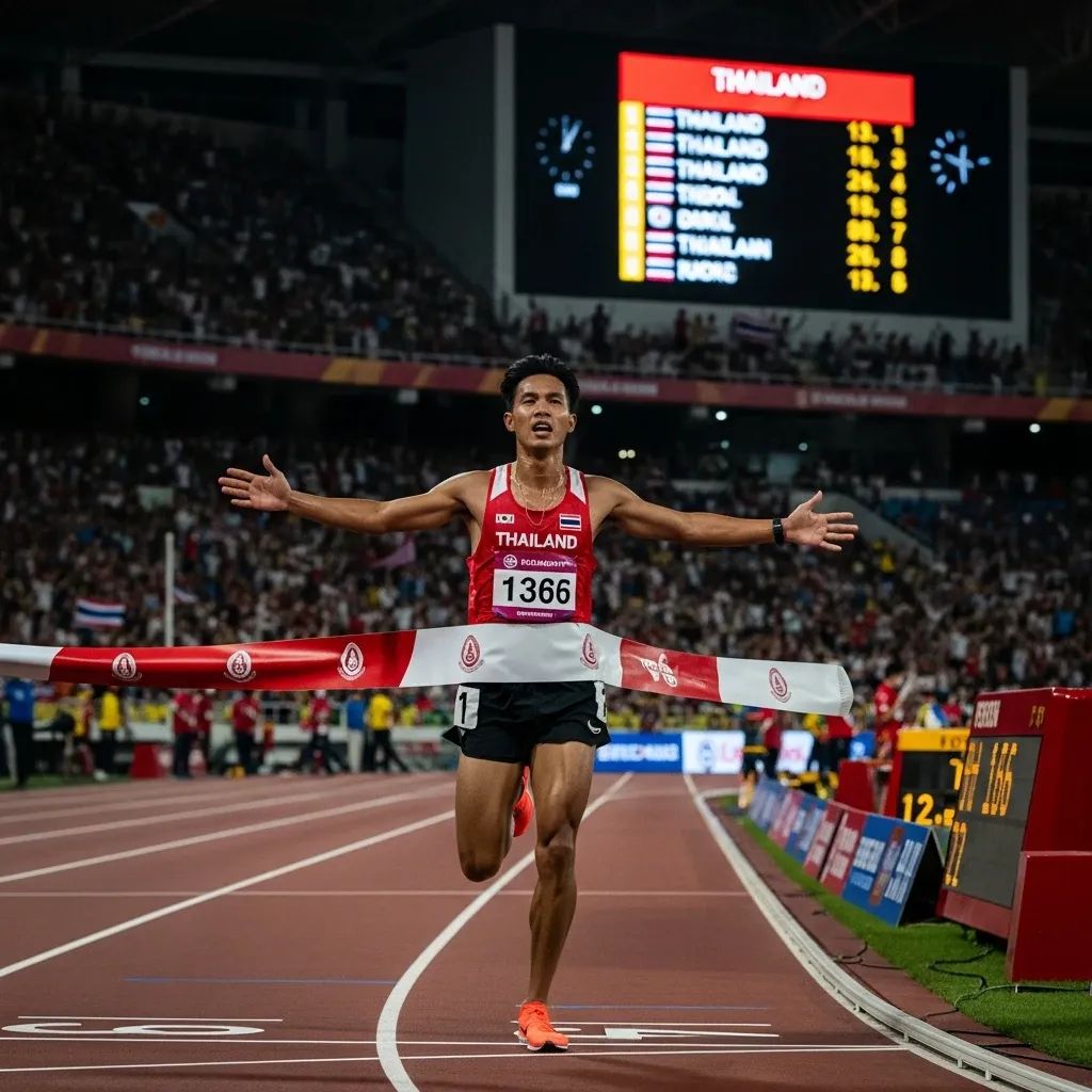 Thai runner crossing finish line in Bangkok stadium with cheering crowd and medal scoreboard