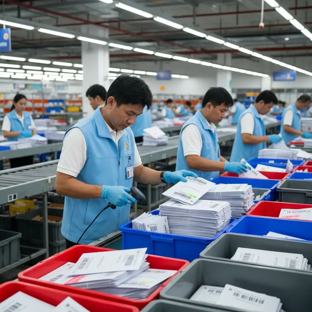 Election officials sorting early vote envelopes with numeric constituency codes in a postal sorting center