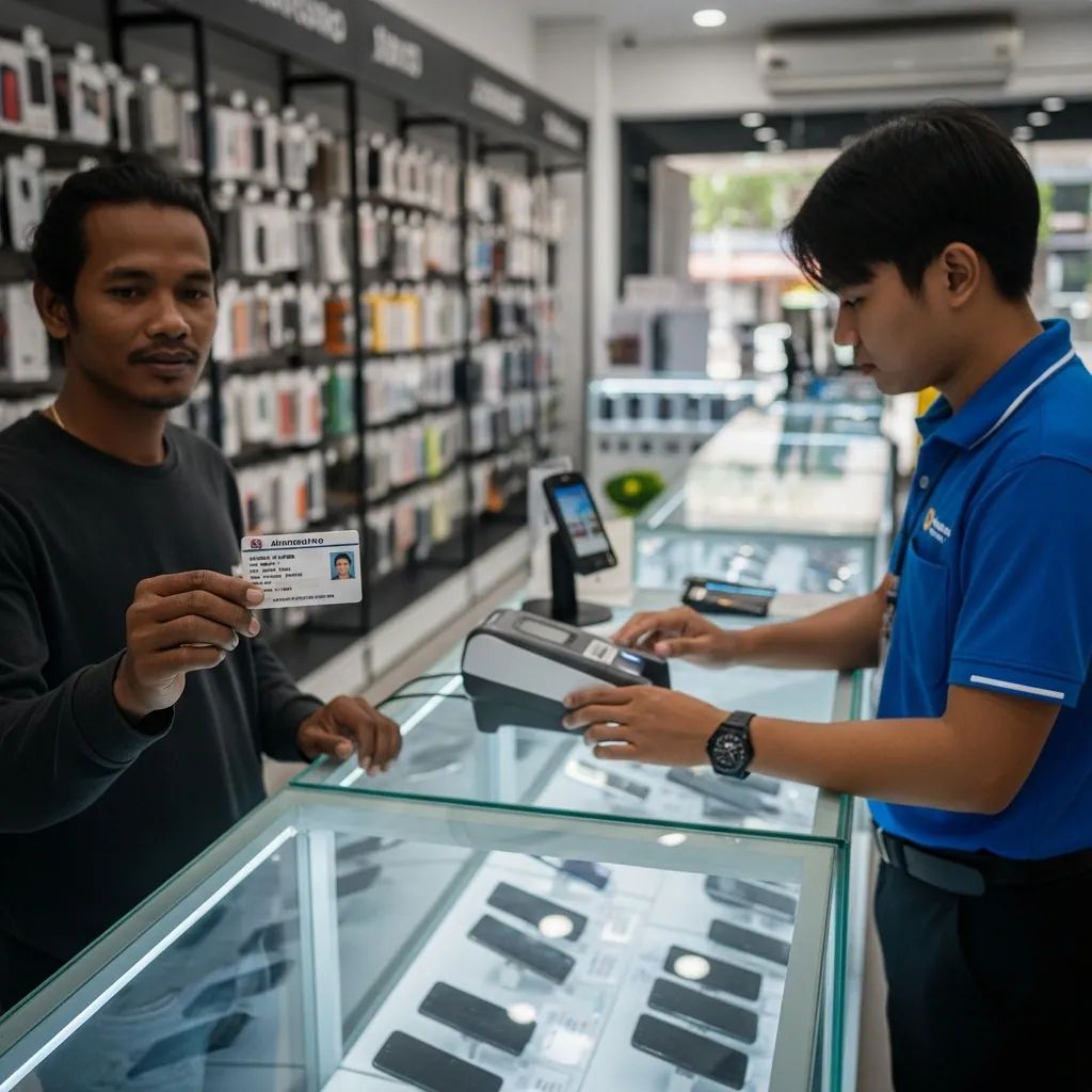 Migrant worker registering a SIM at a Thai telecom shop using alternative ID and biometric scanner