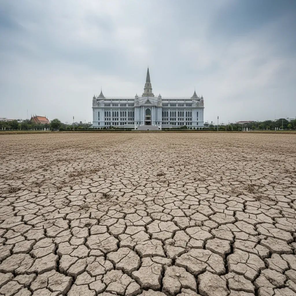 Thai parliament seen beyond parched rice field, illustrating stalled farm aid and budget delay