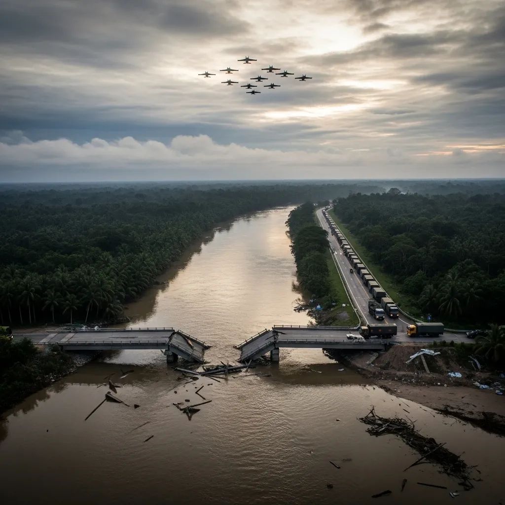 Aerial view of a bombed border bridge over a river with evacuation trucks departing at dawn