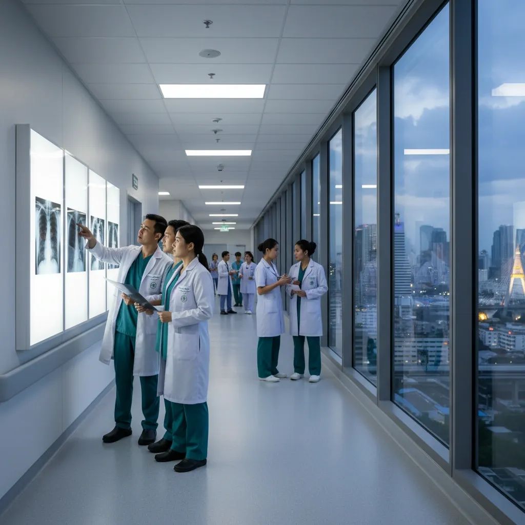 Medical staff reviewing X-ray imaging in modern Bangkok hospital corridor