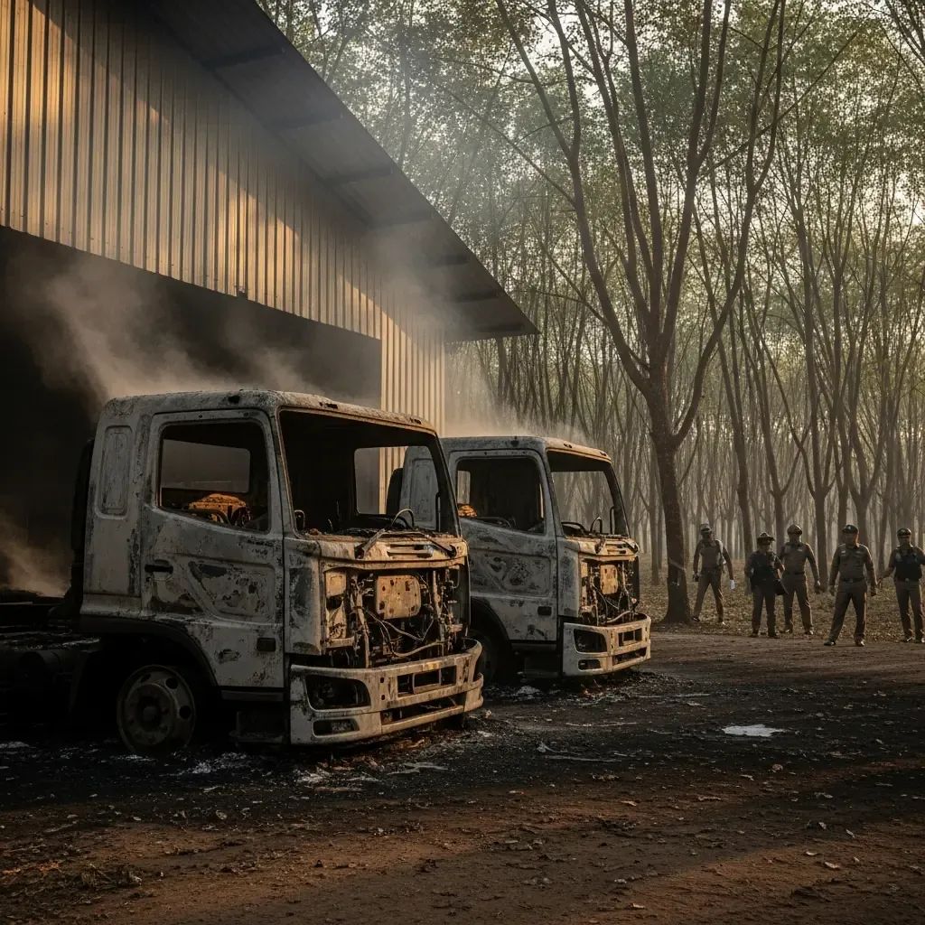 Charred articulated trucks outside a border warehouse in Narathiwat with smoke rising