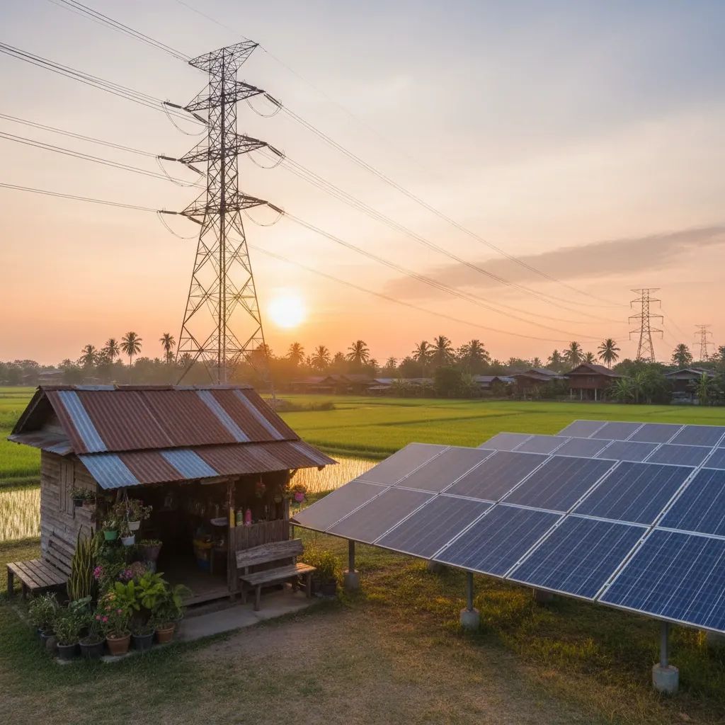Electricity towers and solar panels near a Thai village shop at sunrise representing energy and investment policies