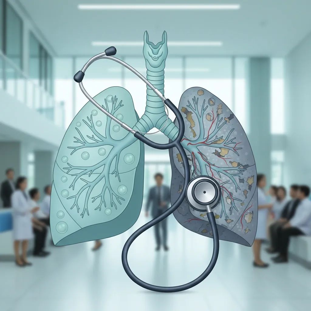 Medical illustration showing lung health comparison with stethoscope in modern healthcare setting