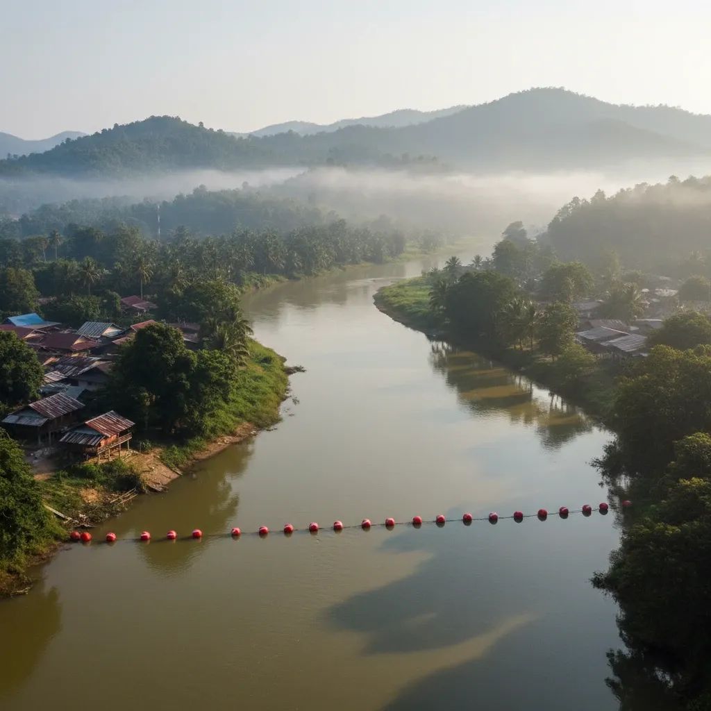 Wide shot of Chiang Rai’s Kok River with red warning buoys highlighting arsenic contamination risk