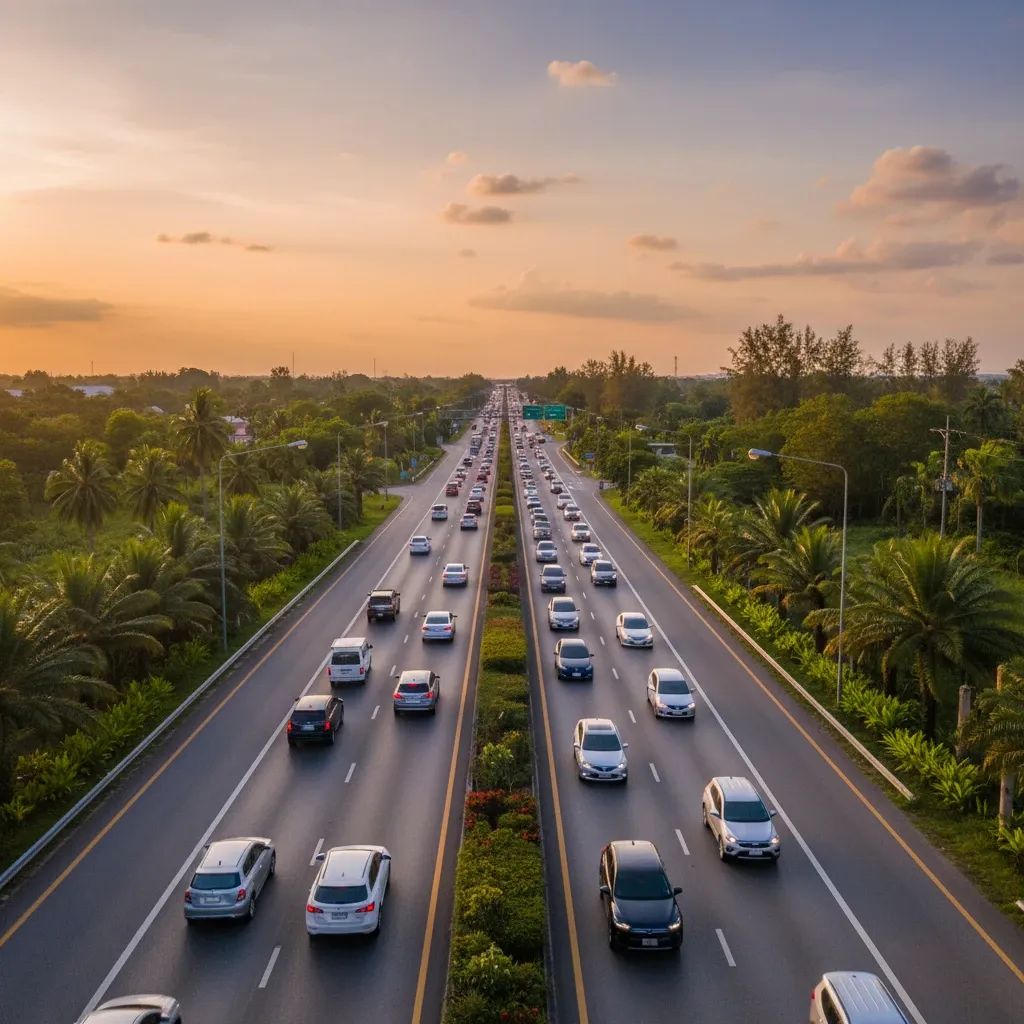 Busy Pattaya-Rayong highway with traffic flowing smoothly through tropical landscape