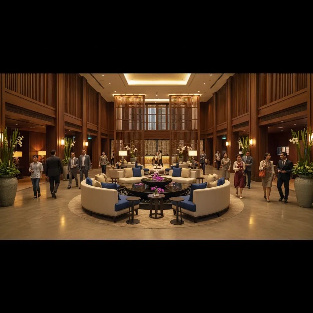 Modern luxury hotel lobby with diverse guests and professionals, representing hospitality sector growth