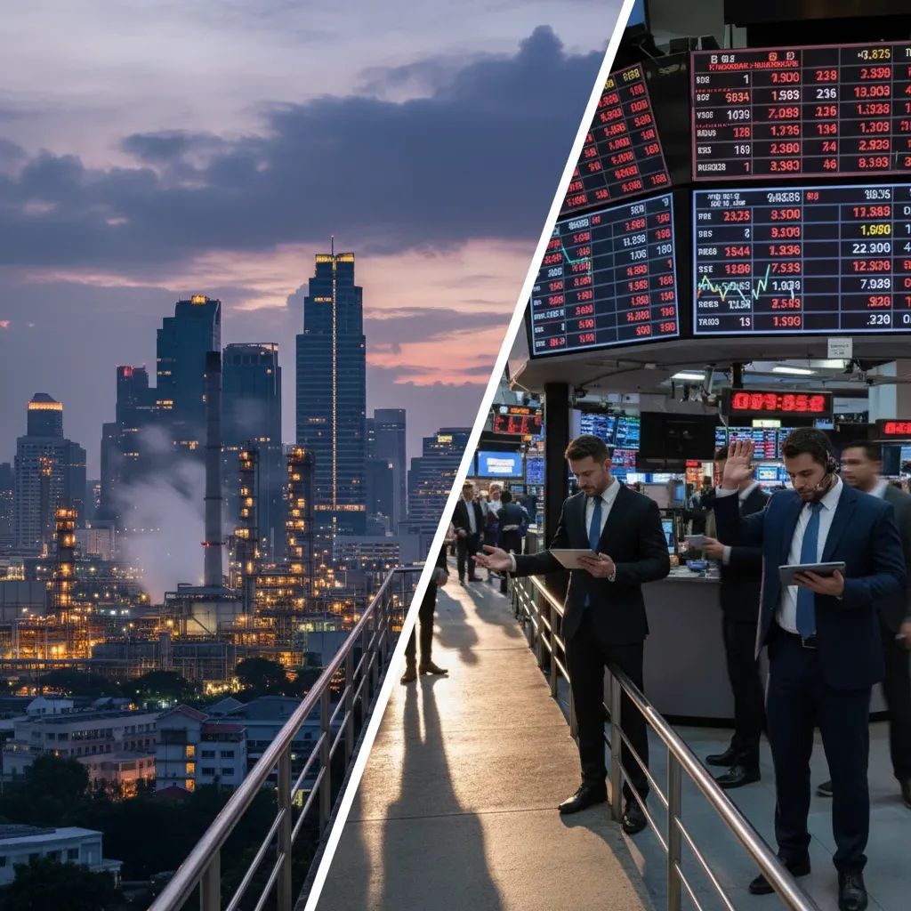 Bangkok skyline and oil refinery split with stock market trading floor showing market decline impact