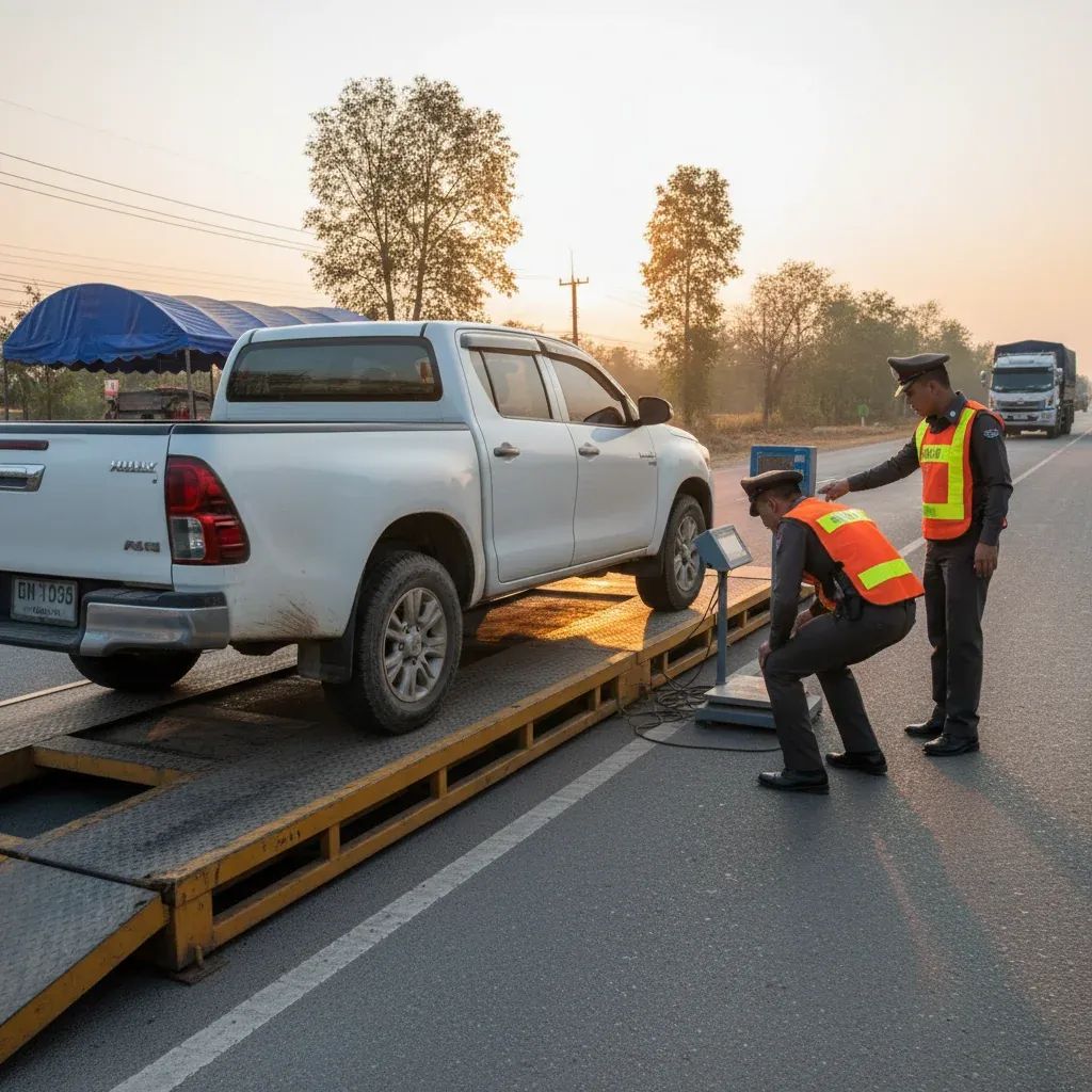 Traffic officers inspecting a pickup truck on a roadside weigh station in rural Thailand