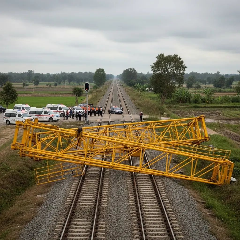 Collapsed construction crane on Thai high-speed rail tracks with emergency responders in background