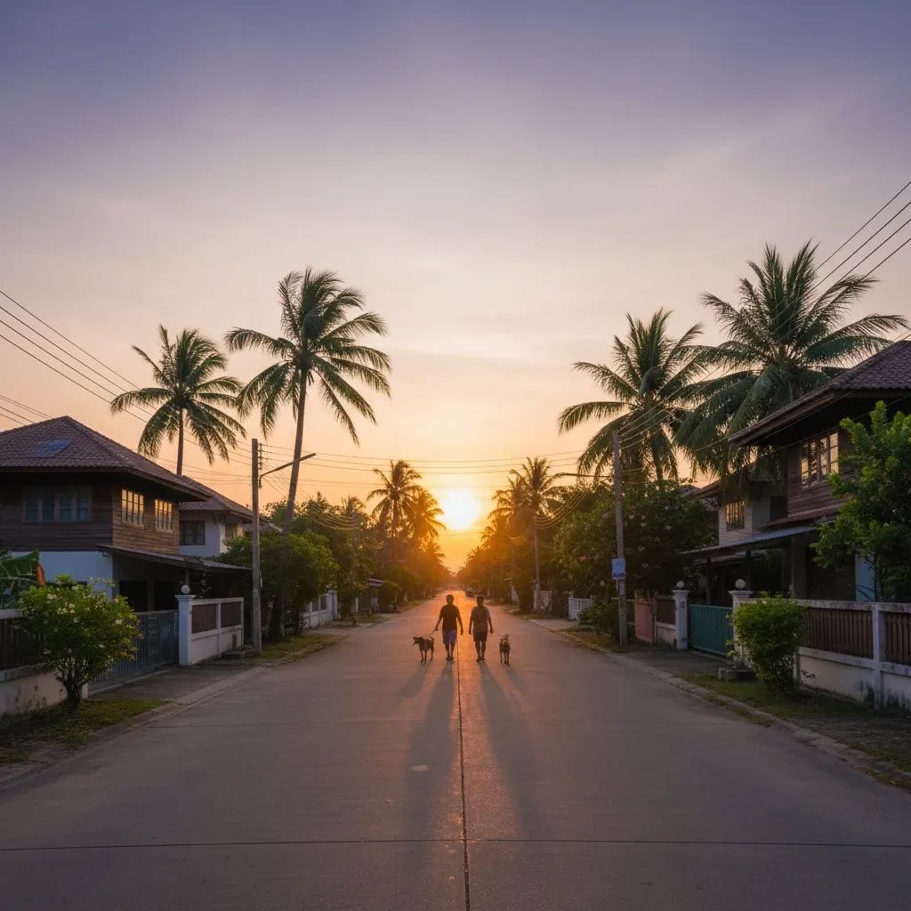 Peaceful neighborhood scene showing residents walking dogs in Sattahip residential area