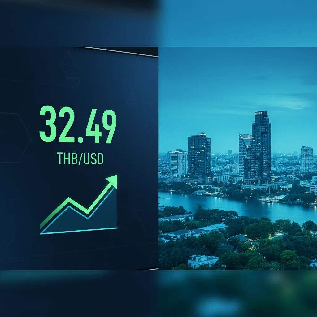 Thai Baht exchange rate display showing 32.49 per USD with upward trend indicator