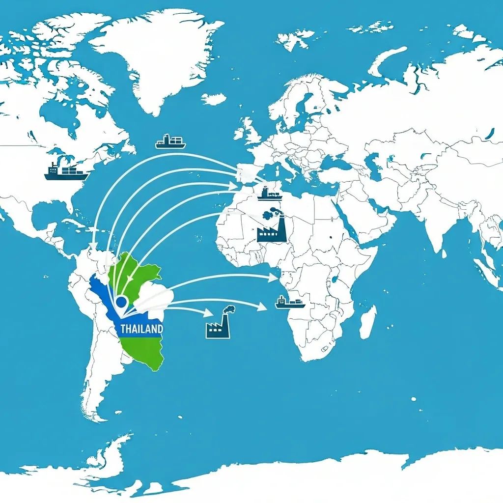 Infographic map showing trade route between Thailand and Peru with cargo ship and factory icons