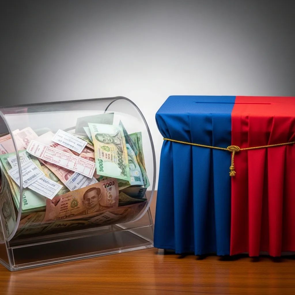 Transparent lottery drum with Thai banknotes beside an election ballot box