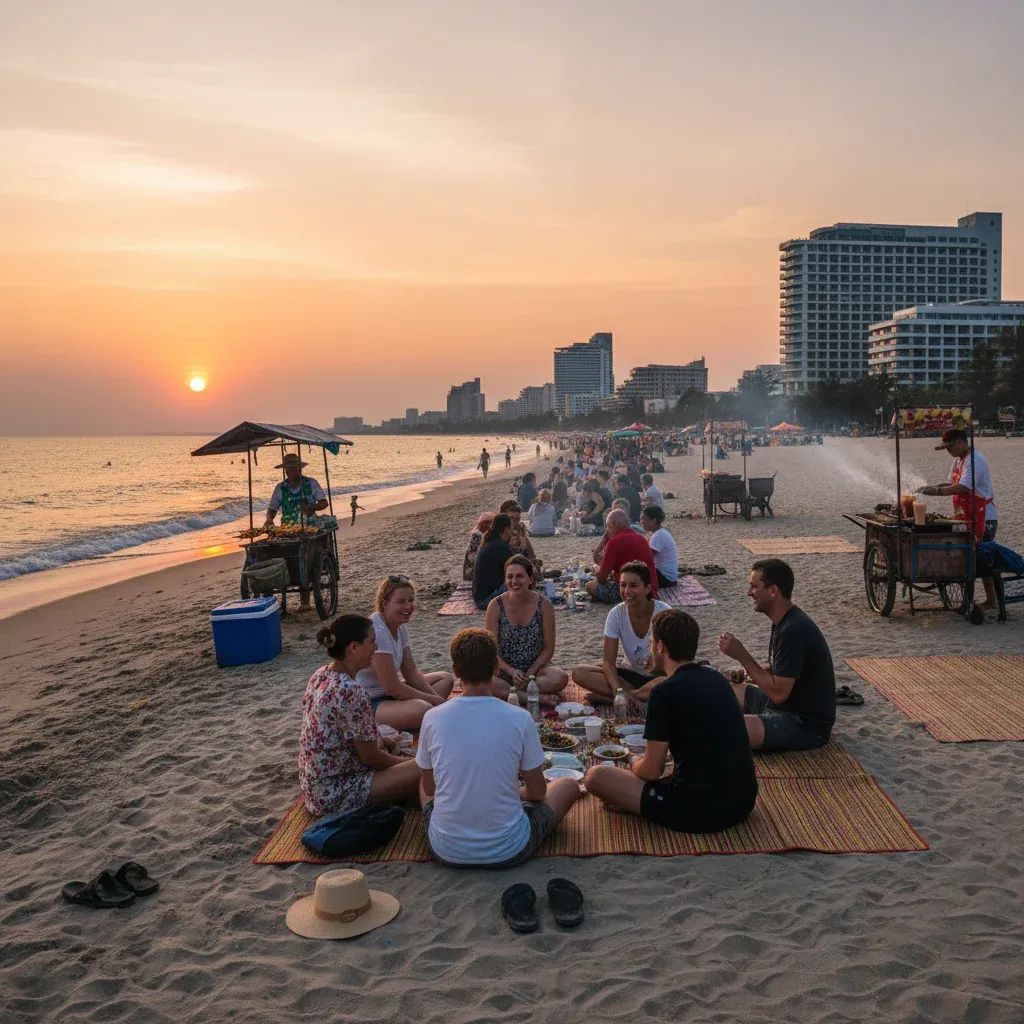 Foreign tourists enjoying informal beach picnic on Pattaya sand with street vendors and beachfront in background
