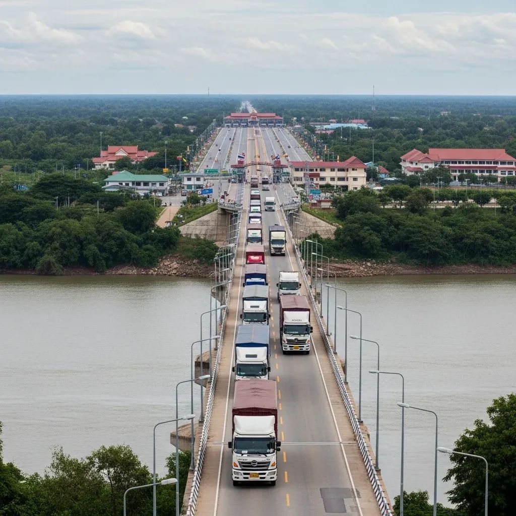 Convoy of trucks crossing Friendship Bridge over Moei River at Mae Sot border checkpoint