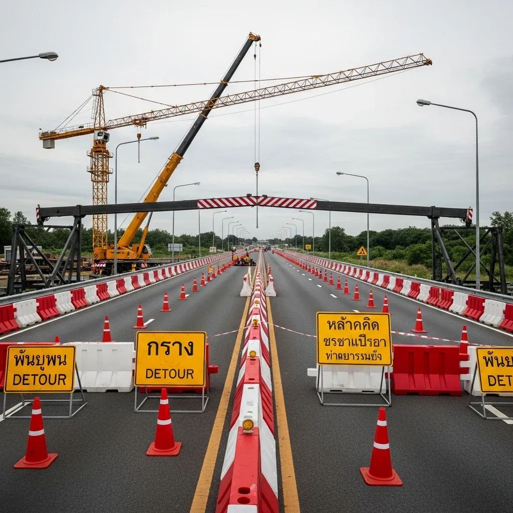 Construction crane over a closed Thai highway with safety barriers and traffic cones